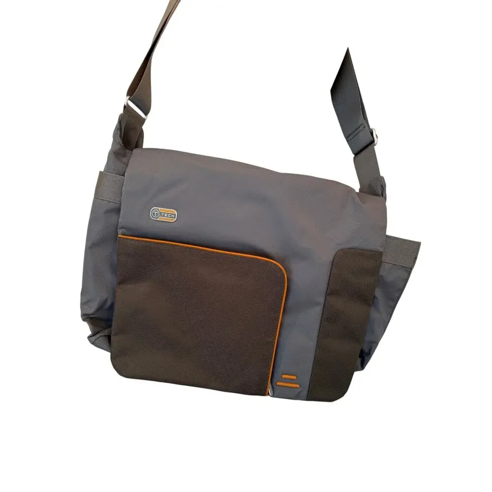 T-Tech By Tumi 57412 Empire Laptop Messenger Shoulder Bag Gray Brown/orange